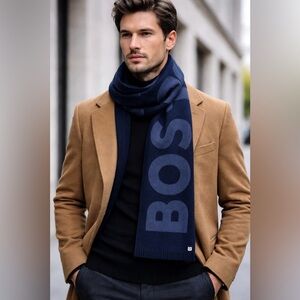 Hugo Boss Lamico Dark Blue Logo Knit Scarf NWT Soft Ribbed DesignerWinter Unisex